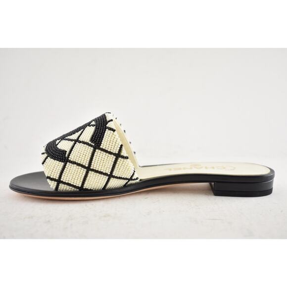 Chanel 20P Black White Pearl Embroidery CC Logo Slide Slip Sandal Mule Flat 35 - Picture 14 of 16